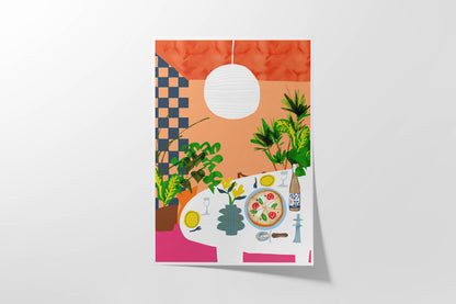 Vibrant art print of a pizza dinner setting with a checkered wall, paper lantern, and indoor plants. Bold colorful kitchen wall decor.