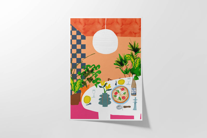 Vibrant art print of a pizza dinner setting with a checkered wall, paper lantern, and indoor plants. Bold colorful kitchen wall decor.