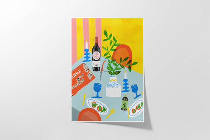 Vibrant art print of a Scrabble board, wine bottle, and blue candlesticks on an Italian dinner table. Bold yellow and blue maximalist wall decor.
