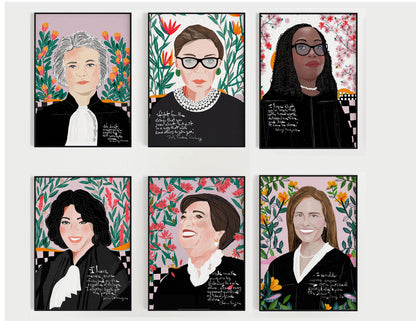 Set of six art prints featuring all women Supreme Court Justices in colorful modern style