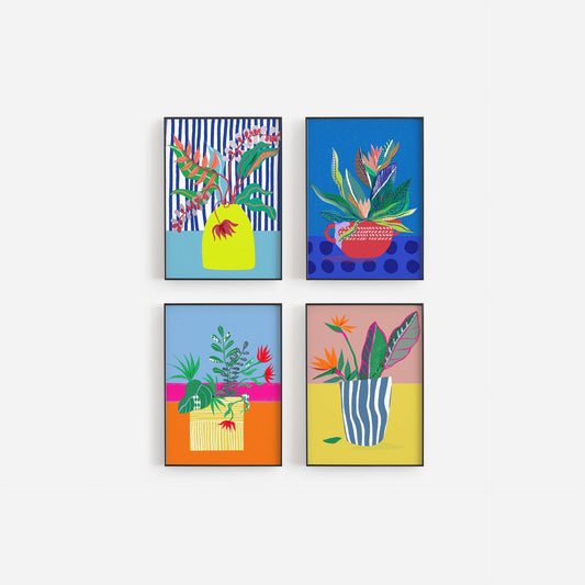 Set of 4 Colorful Botanical Prints – Bold Modern Flower Wall Art for Dorm Rooms, Living Rooms & Gallery Walls