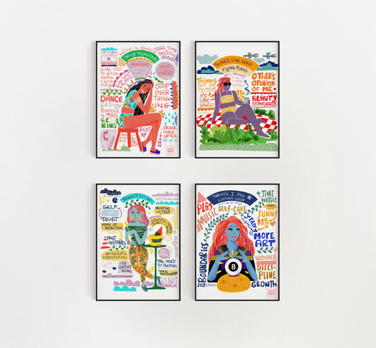 Set of 4 Empowering Prints – Colorful Self-Care Wall Art, Motivational Posters for Dorm, Therapy Office & Gallery Walls