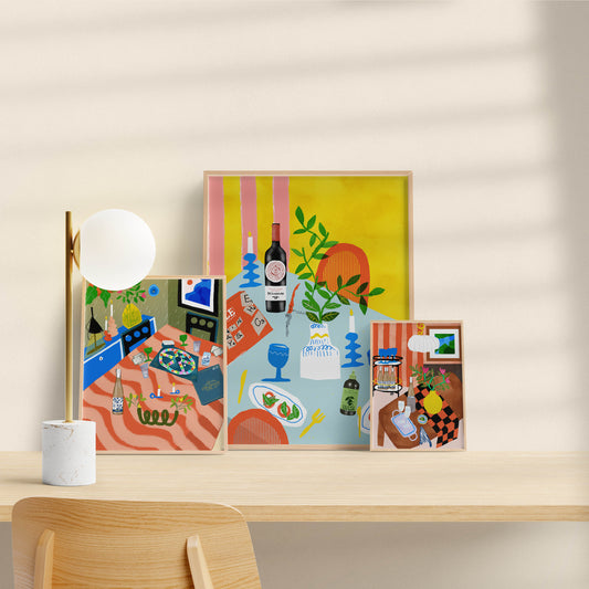 Vibrant Morning Coffee art print featuring a Cafe Bustelo tin, checkered table, and French press. Bold maximalist kitchen wall decor in blue, orange, and yellow