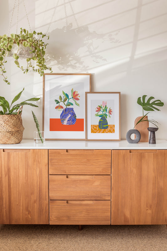 Flower Bouquet Art Print - Botanical Inspired Art, Orange and Blue Wall Art, Cubicle Decor - VIOLETREDSTUDIO