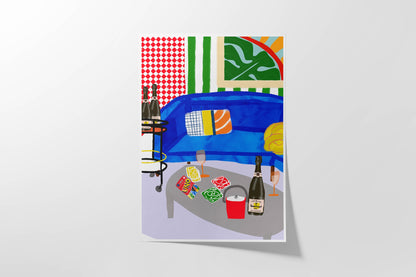Vibrant art print of a blue sofa with Uno cards, champagne bottles on a cart, and a red ice bucket. Bold checkered and striped maximalist wall decor.
