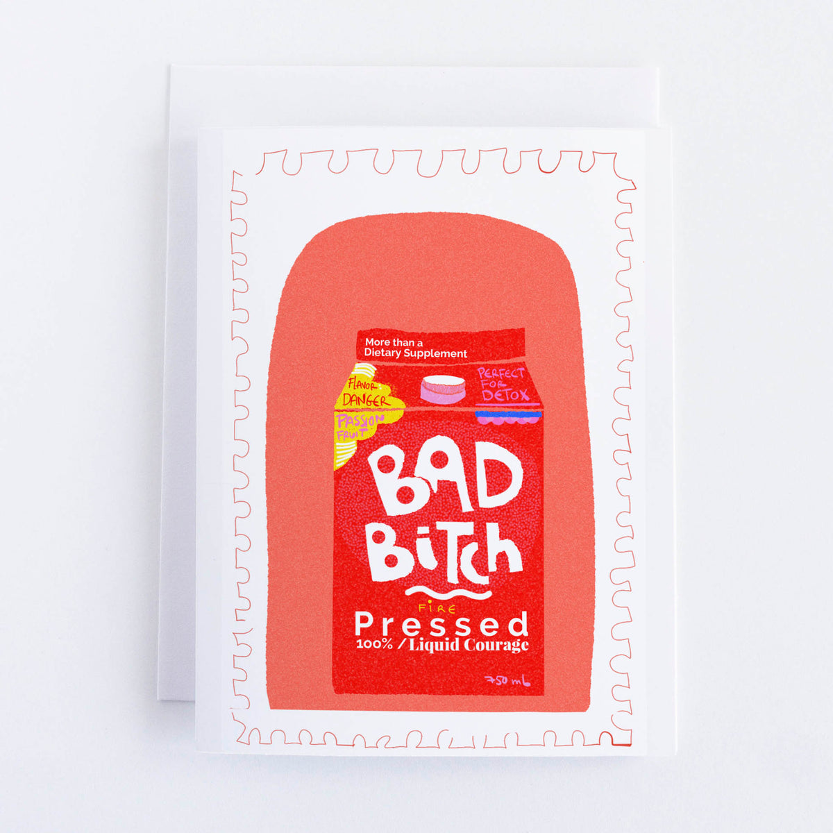 A greeting card with a bold red background featuring text and a phrase 'BAD B’ITCH' in large, white letters. The card is laid out flat with a white envelope.