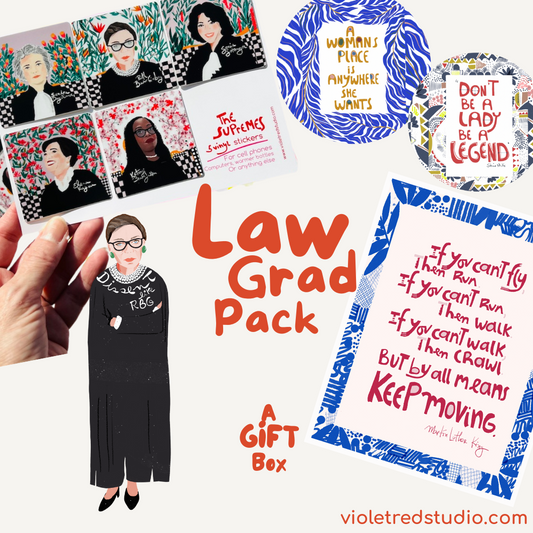 Law School Graduation Gift Box – 8.5x11 Print + RBG Stickers, Magnets & Bookmark | Feminist Gift for Law Grads