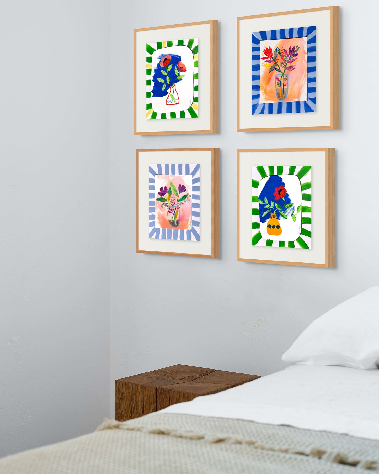 Set of 2 Original Mixed Media Floral Artworks – 11x14” with Hand-Painted Green Striped Mats