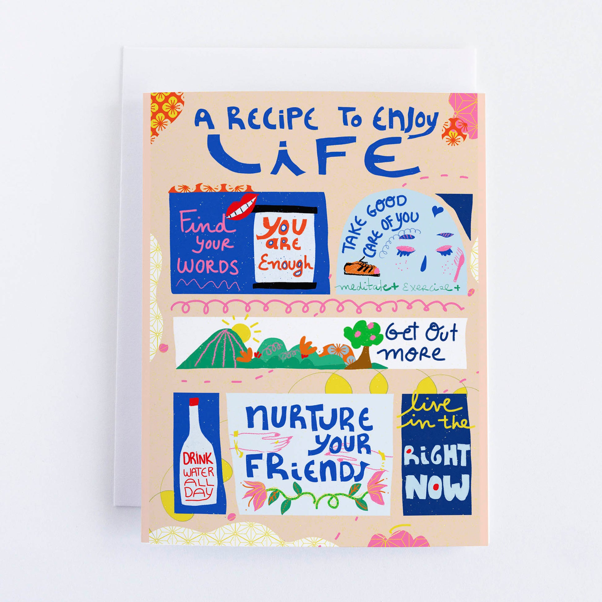 Colorful card with motivational phrases on a beige background
