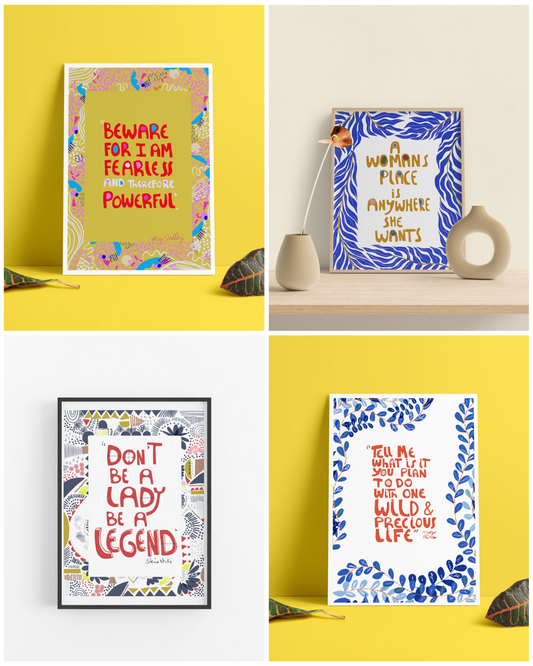 Set of 4 Feminist Quote Prints – Empowering Wall Art for Dorm Rooms, Motivational Posters for Women, Bold Gallery Wall Decor
