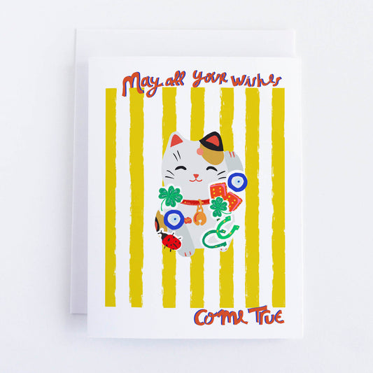 Card with a cartoon cat and yellow stripes on a white background