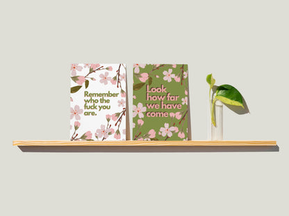 set of two greeting cards remember who the fuck you are and look how far we have come