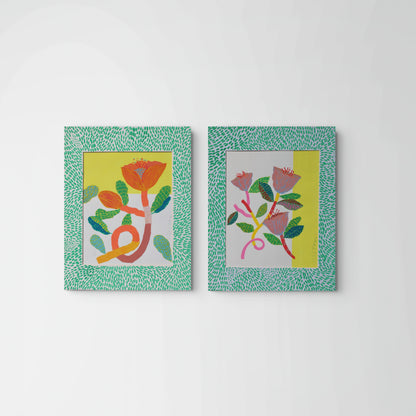 Set of 2 Original Mixed Media Floral Artworks – 11x14” with Hand-Painted Blue Striped Mats - VIOLETREDSTUDIO