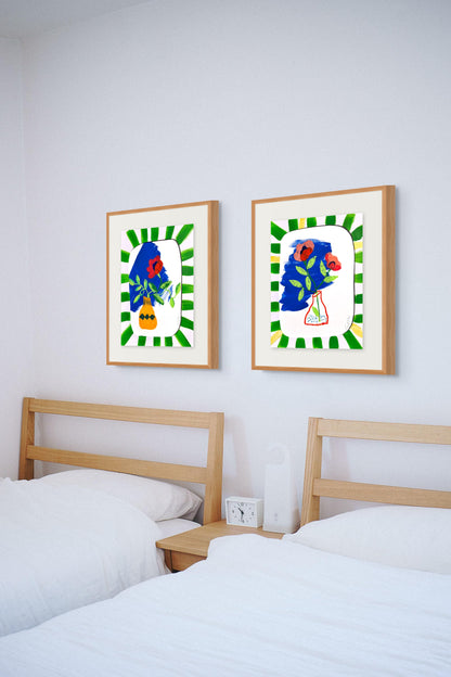 Set of 2 Original Mixed Media Floral Artworks – 11x14” with Hand-Painted Green Striped Mats - VIOLETREDSTUDIO