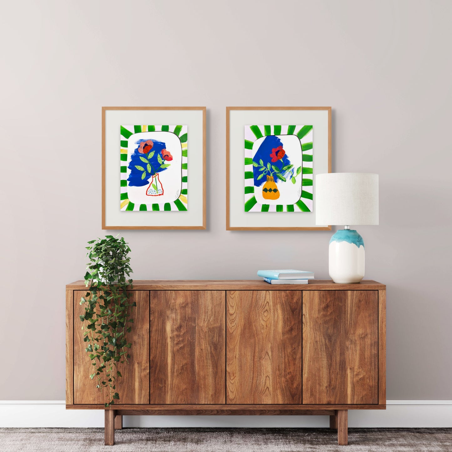 Set of 2 Original Mixed Media Floral Artworks – 11x14” with Hand-Painted Green Striped Mats