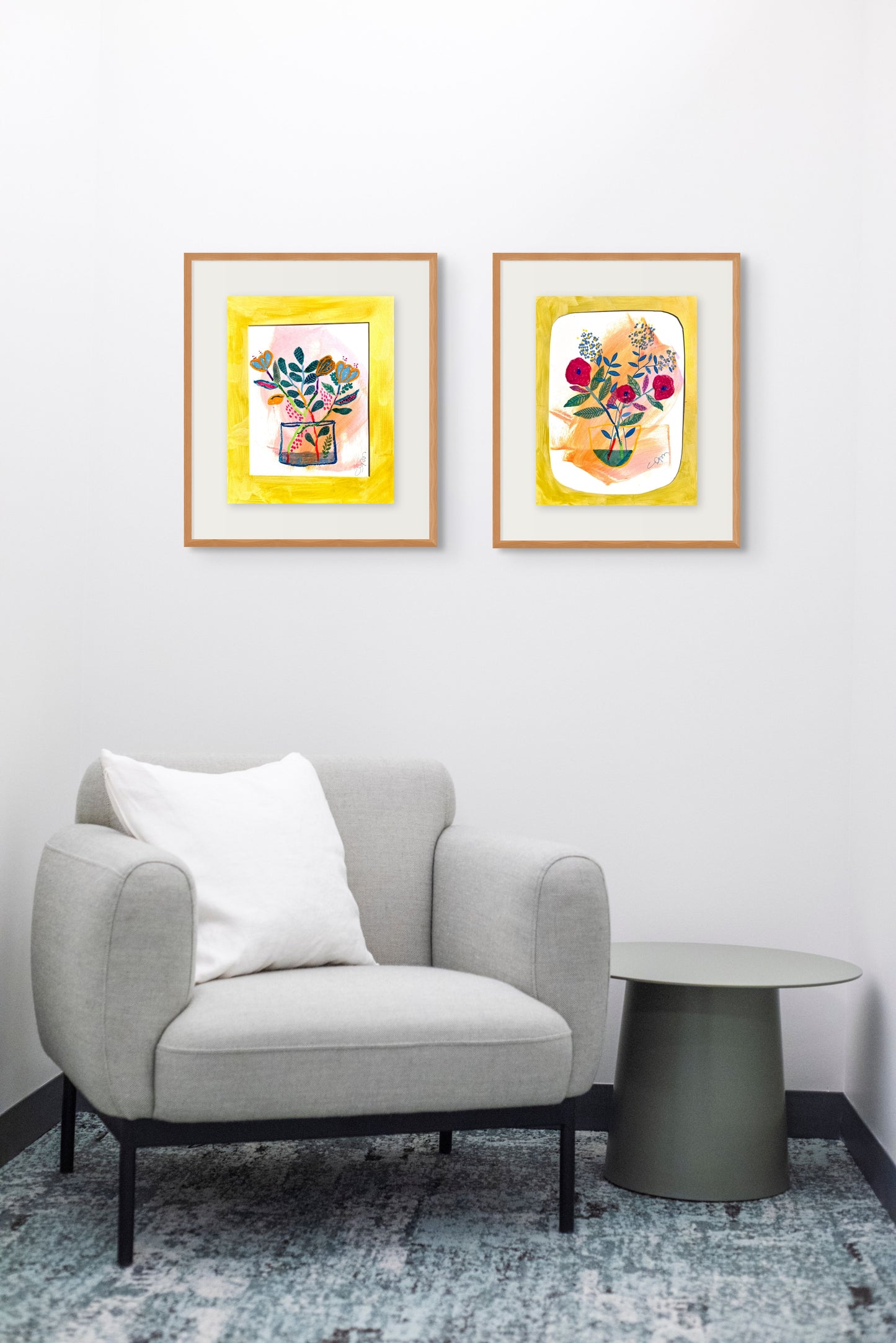 Set of 2 Original Mixed Media Floral Artworks – 11x14” on Paper with Hand-Painted Mats