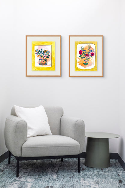 Set of 2 Original Mixed Media Floral Artworks – 11x14” on Paper with Hand-Painted Mats - VIOLETREDSTUDIO