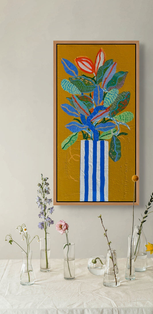 “Striped Vase, Full Heart” – Original Mixed Media Painting on Canvas ( 20x 10")