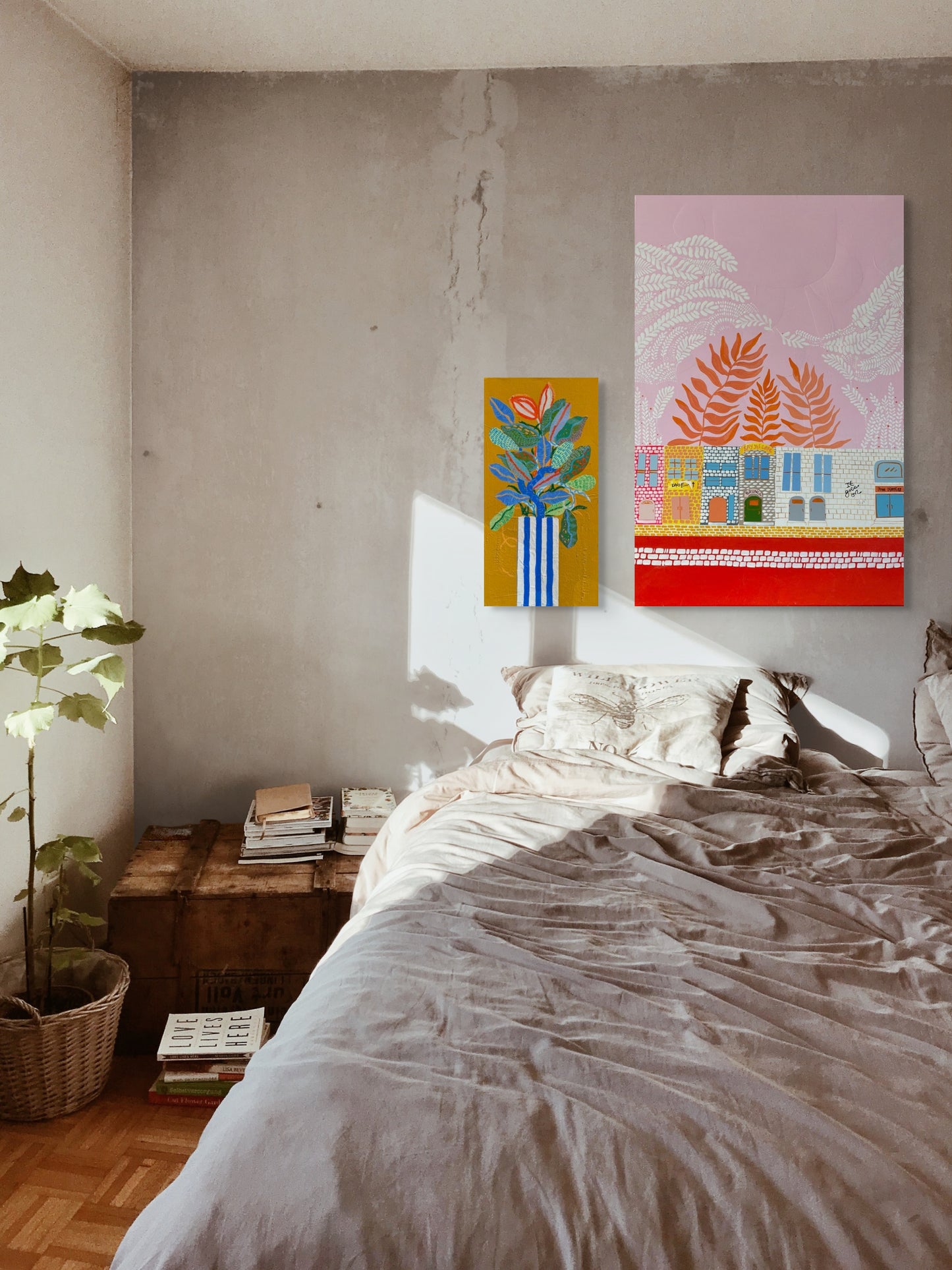 “Striped Vase, Full Heart” – Original Mixed Media Painting on Canvas ( 20x 10")