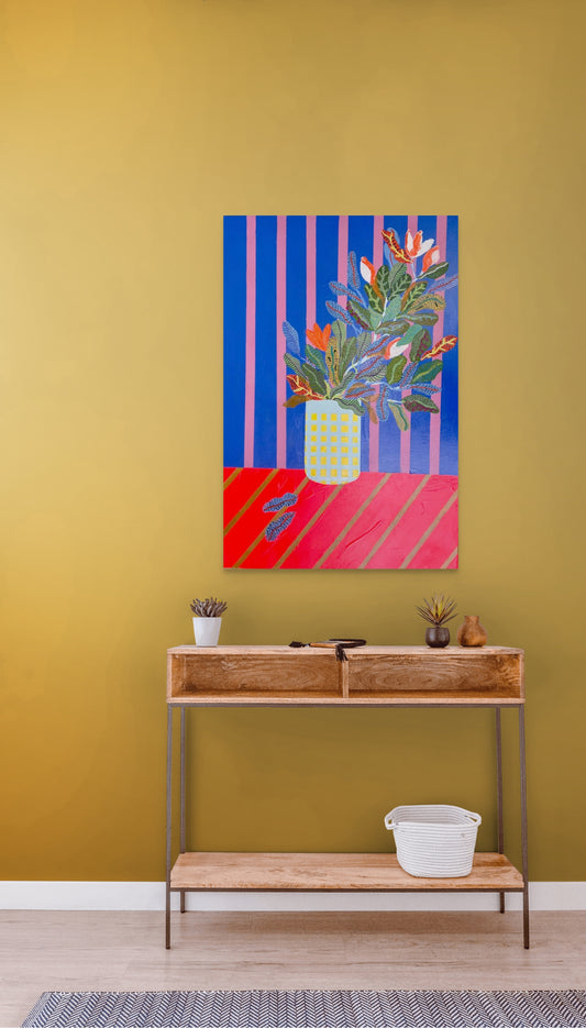 “Flower Vase” – Original Mixed Media Painting on Canvas (36x24)
