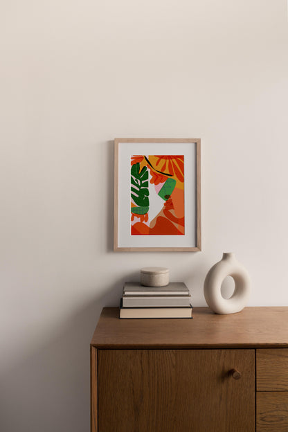 Bedroom Wall Art, Orange Living Room Wall Decor, Large Tropical Leaves Print, Modern Living Room Decor - VIOLETREDSTUDIO