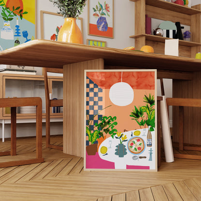 Vibrant art print of a pizza dinner setting with a checkered wall, paper lantern, and indoor plants. Bold colorful kitchen wall decor.