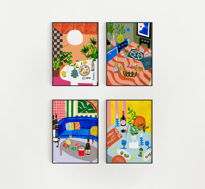 Vibrant art print of a pizza dinner setting with a checkered wall, paper lantern, and indoor plants. Bold colorful kitchen wall decor.