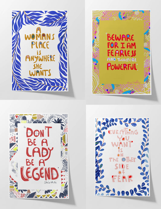 Set of 4 Feminist Quote Prints – Empowering Wall Art for Dorm Rooms, Motivational Posters for Women, Bold Gallery Wall Decor