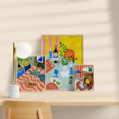 Vibrant Morning Coffee art print featuring a Cafe Bustelo tin, checkered table, and French press. Bold maximalist kitchen wall decor in blue, orange, and yellow