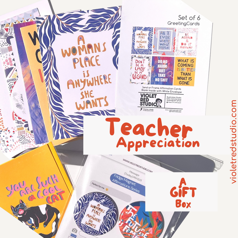 Teacher Appreciation Gift Box – 6 Greeting Cards + 2 Magnets | Cool Cat Card Set | Affirmation Gift for Teachers