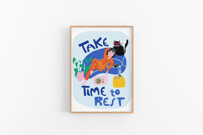 Girl Resting with Cat - Art Print - VIOLETREDSTUDIO