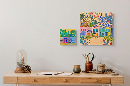 “Books & Botanicals” – Original Mixed Media Cityscape on Wood Panel (18x18) - VIOLETREDSTUDIO