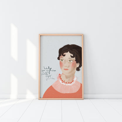 Jane Austen Art Print, gift for writers, Girl Apartment Decor, Wall art for Classroom - VIOLETREDSTUDIO