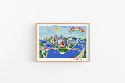 PITTSBURGH SKYLINE ART-Wanderlust Art Print-Skyline Wall Art- Cubical Decor Art -Printable Wall Decor-Travel Poster-Skyline Painting - VIOLETREDSTUDIO