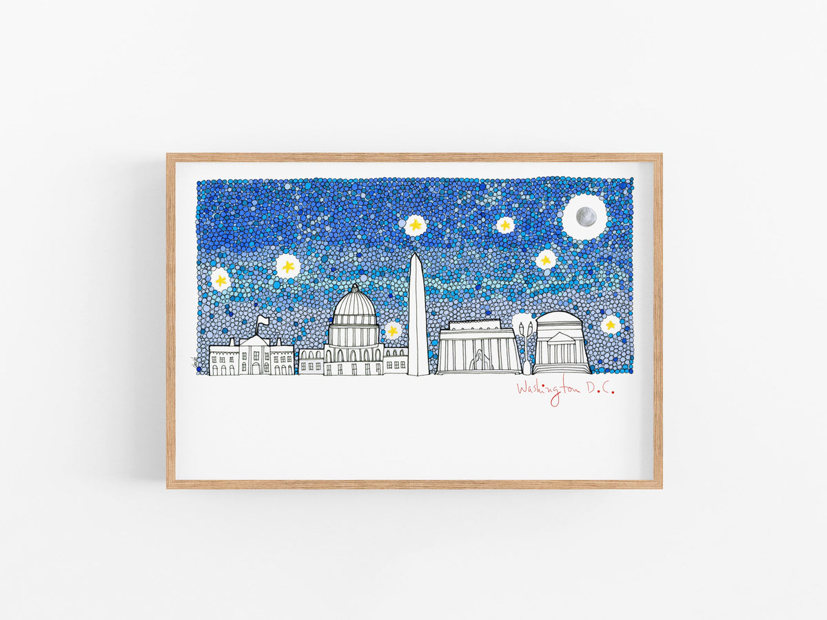 Washington DC skyline art print featuring National Mall landmarks