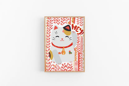 Maneki Neko Art Print-Lucky Cat- Fun Cubicle Decor - VIOLETREDSTUDIO