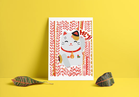 Maneki Neko Art Print-Lucky Cat- Fun Cubicle Decor - VIOLETREDSTUDIO