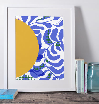 Sunny Abstract Art print, Ready to Frame contemporary Blue and Yellow Wall Art, Abstract Shapes - VIOLETREDSTUDIO