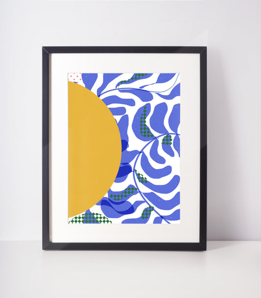 Sunny Abstract Art print, Ready to Frame contemporary Blue and Yellow Wall Art, Abstract Shapes - VIOLETREDSTUDIO